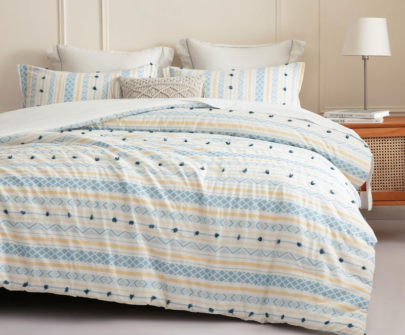 SLEEPBELLA Comforter Queen Size, 600 Thread Count Cotton White and Navy Striped Patchwork Reversible Pattern Reversible Blue Comforter Set,Down Alternative Bedding Set 3Pcs (Queen, Blue Patchwork) - Image 3